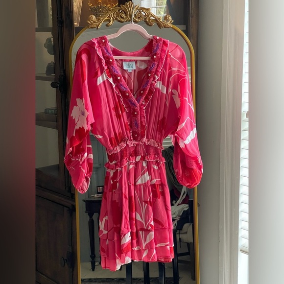 NWOT TAJ by Sabrina Crippa EVI Floral Pink Beaded V Neck Mini Dress - Picture 2 of 9